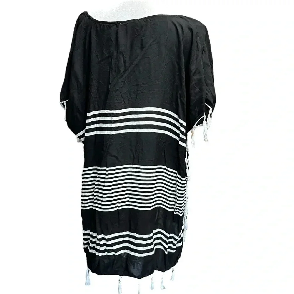 C&T beach women's size L black and white striped cover up with tassels